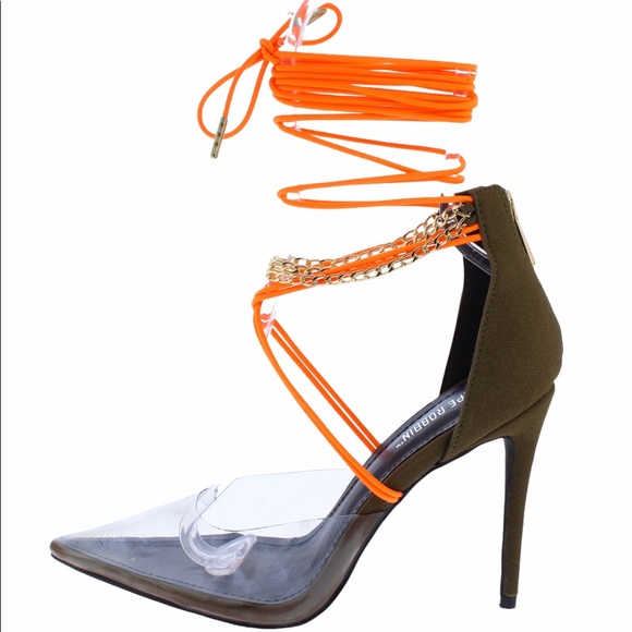 Neon Orange & Army Green Strappy Lace Up Ankle Wrap High Heel Pump Sandals - Picture 2 of 3